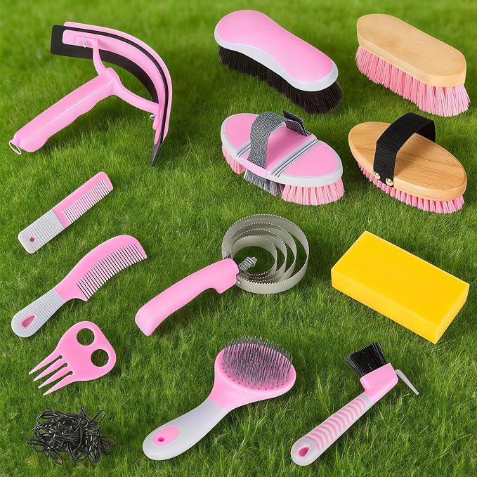 Horse Grooming Kit, 14-in-1 Professional Horse Brush Supplies Set for Grooming & Care, with Horse Brushes, Curry Comb, Hoof Pick & Waterproof Storage Tote Bag for Shining, Detangling, Massaging(Pink)