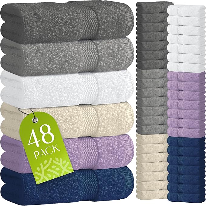 White Classic Wealuxe Multi Washcloths 48 Pack - 600 GSM 100% Ring-Spun Cotton Wash Cloths for Showering, Highly Absorbent and Soft | 12x12 Inches