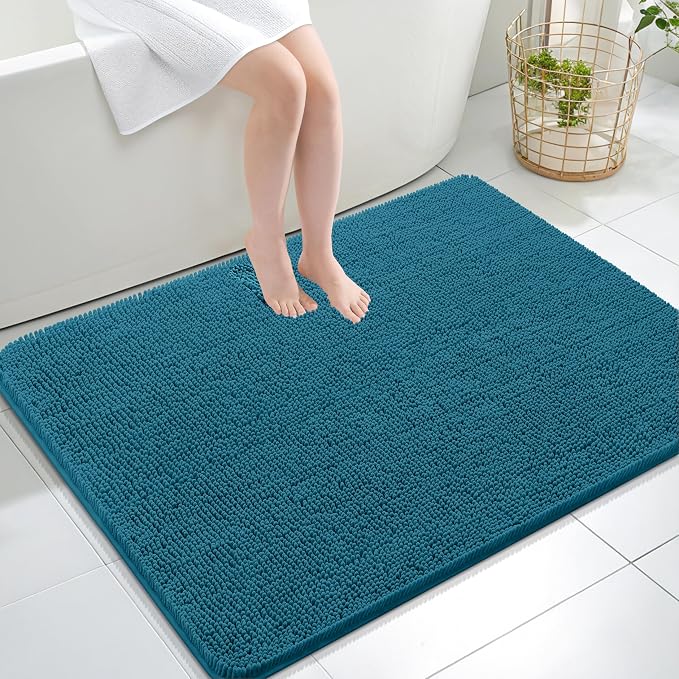 OLANLY Large Bathroom Rugs 40x32, Extra Soft Absorbent Chenille Bath Rugs, Rubber Backing Quick Dry, Machine Washable Bath Mats for Bathroom Floor, Tub and Shower, Home Decor Accessories, Peacock Blue