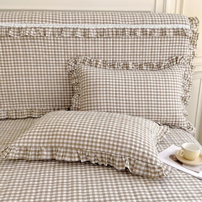 mixinni Tan Gingham Ruffle Duvet Cover King Size 3 Pieces – 100% Washed Cotton, Vintage Plaid Ruffled Bedding Set with Zipper Ties, Soft Cream Checkered Grid Farmhouse Chic Comforter Cover Set