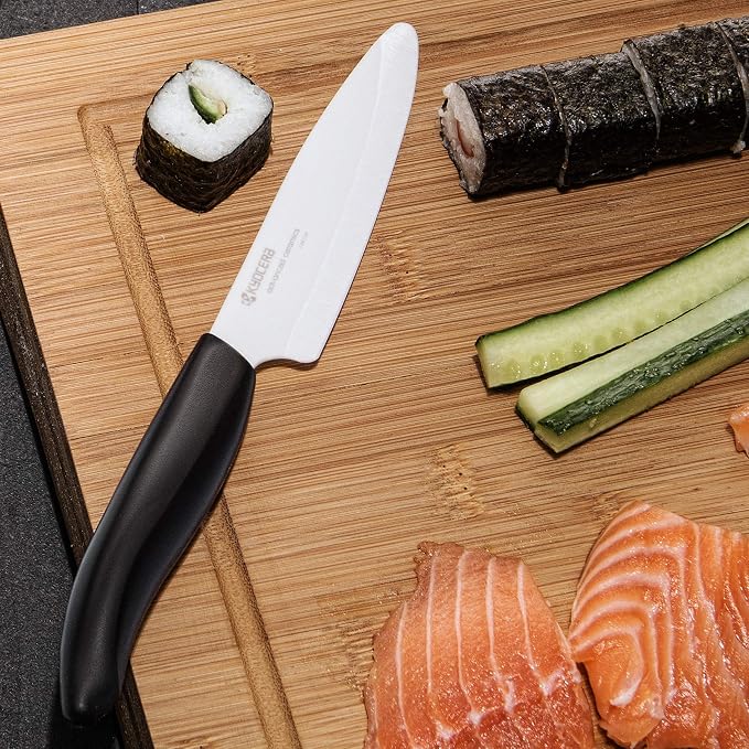 Kyocera Advanced Ceramic Revolution Series 4.5-inch Utility Knife, Black Handle, White Blade - FK-110 WH | KYOCERA Revolution 4.5-Inch Utility Knife: Ultra-Sharp Japanese Zirconia Blade for Precise Cutting of Fruits and Vegetables