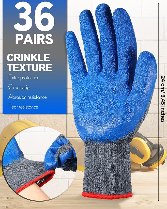 Haysandy 36 Pairs Rubber Work Gloves Latex Double Coated Safety Grip Work Gloves Bulk for Construction Gardening Landscaping for Men