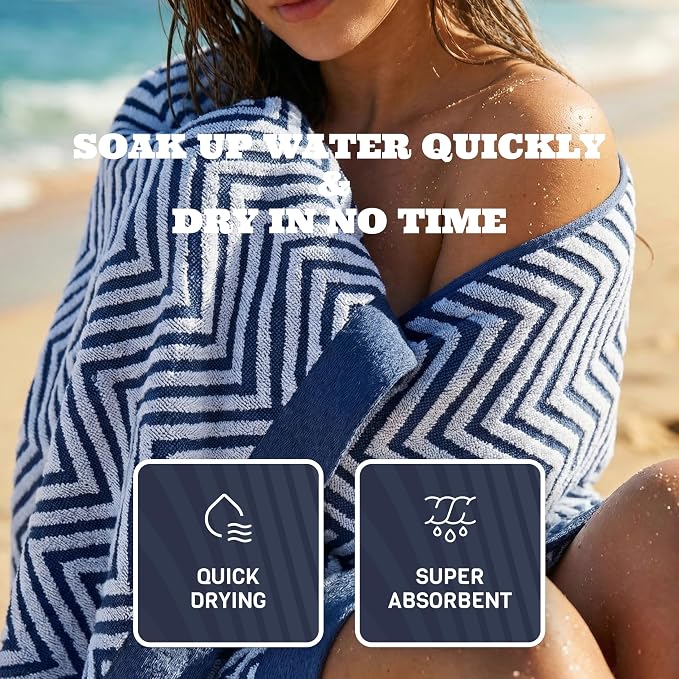 White Classic Cotton Beach Towels Oversized 35 x 70 Inches, Ultra Absorbent and Low Lint Luxury Pool Towels, Chevron Design, Navy Blue, 2 Pack