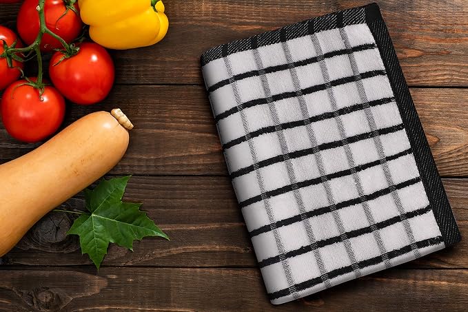 Urban Villa Kitchen Towels Black/White Set of 3 Terry Kitchen Towels 100% Cotton Ultra Soft Size 20X30 Inches Highly Absorbent Over Sized KitchenTowels with Hanging Loop KitchenTowels