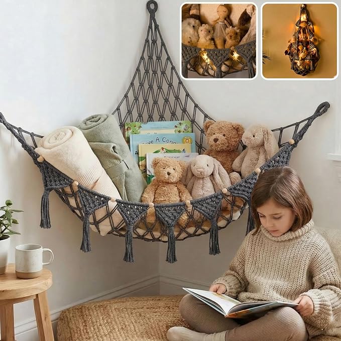 TIDYTEDS XL Stuffed Animal Hammock – Handcrafted Corner Net, 4mm Double Macrame Cord, 100% Natural Cotton Plushie Holder with LED Light (Gray)
