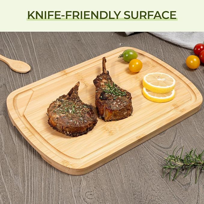 Marsmiles Bamboo Cutting Board, Durable Wood Cutting Boards with Deep Juice Grooves & Back Inner Handle, Ideal Chopping for Meat, Vegetables and Fruits, Natural, Set of 3