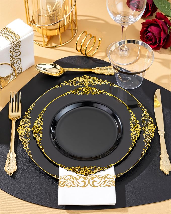 Nervure 350PCS Black Plastic Plates - Black Plastic Dinnerware Sets for 50 Guests - 100 Disposable Plates, 150 Gold Silverware, 50 Cups, 50 Napkins for Wedding & Party & Graduation & Retirement
