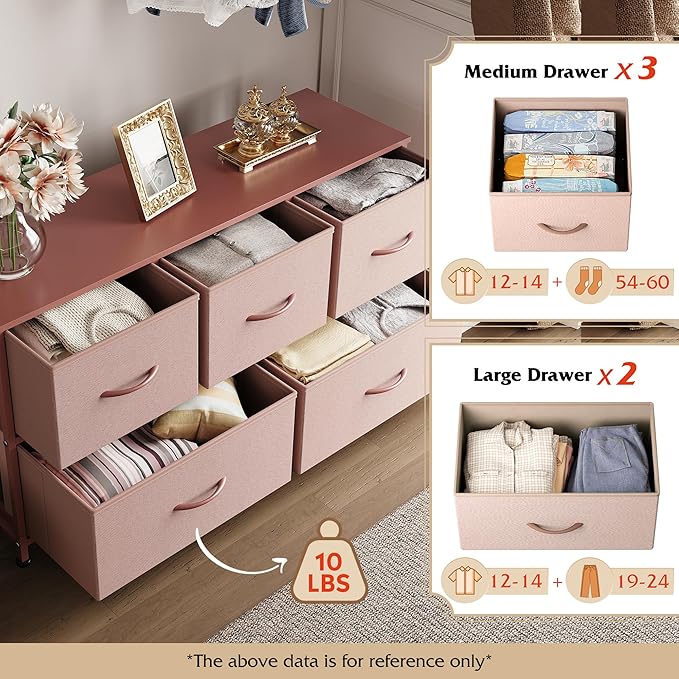 WLIVE Wide Dresser for Bedroom, 5 Drawer Chest of Drawers, Pink | 5 roomy fabric drawers, Wide storage design, Bedroom or closet use, Sturdy steel frame, Smooth wood tabletop