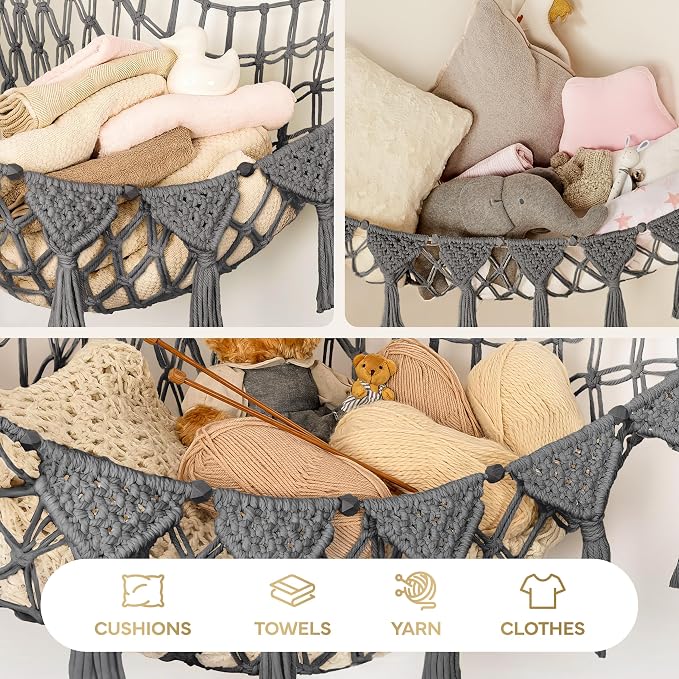 TIDYTEDS Macrame DreamLights Boho Stuffed Animal Storage Net or hammock Extra Large for Small or large Plushies. Plush Gray Toy Storage Holder