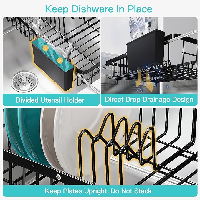JASIWAY Black Dish Drying Rack Over the Sink with Utensil Holder | Expandable Stainless Steel Dish Driainers for Small Kitchen, Counter Space Saving, Fast Drain, Rust Resistant, For Apartment