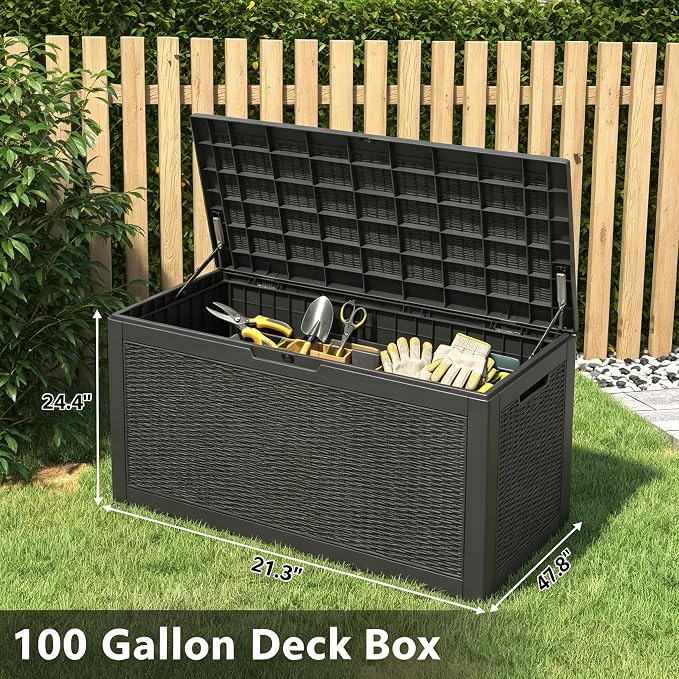 100 Gal Outdoor Storage Box Waterproof Lockable,Deck Box,Gas Lift,Black | Waterproof Resin Deck Box, Lockable Gas Lift Outdoor Box Storage for Patio Cushions, Garden Tools, Pool Supplies