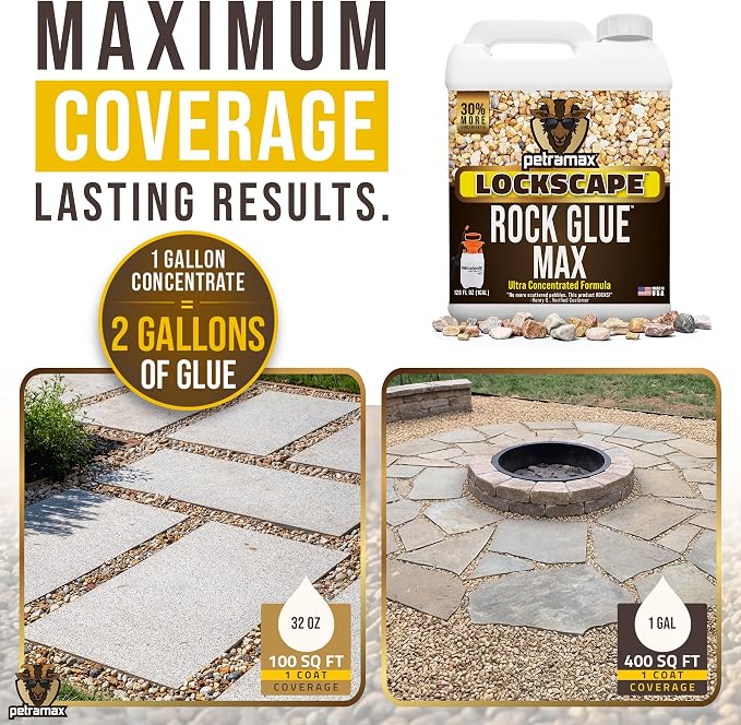 Petra Max Rock Glue for Landscaping, 1 Gallon - Wide Coverage & Pet Safe Mulch Glue for Rocks - Lockdown Gravel/Pebbles/Stones - Sticky Clear Gravel Binder & Decomposed Granite Stabilizer