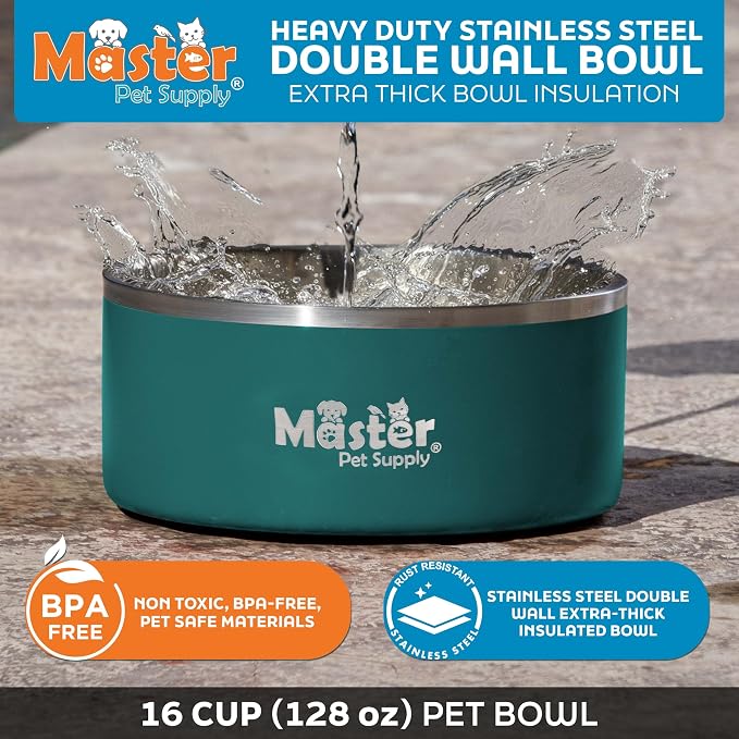 Master Pet Supply Stainless Steel Dog Bowls - 128 oz, Heavy Duty - Emerald Sea, Double Wall Extra-Thick Insulated, Non-Slip Pet Water Bowl for Dogs, Cats & Pets, Anti Rust Metal, Dish Washer Safe