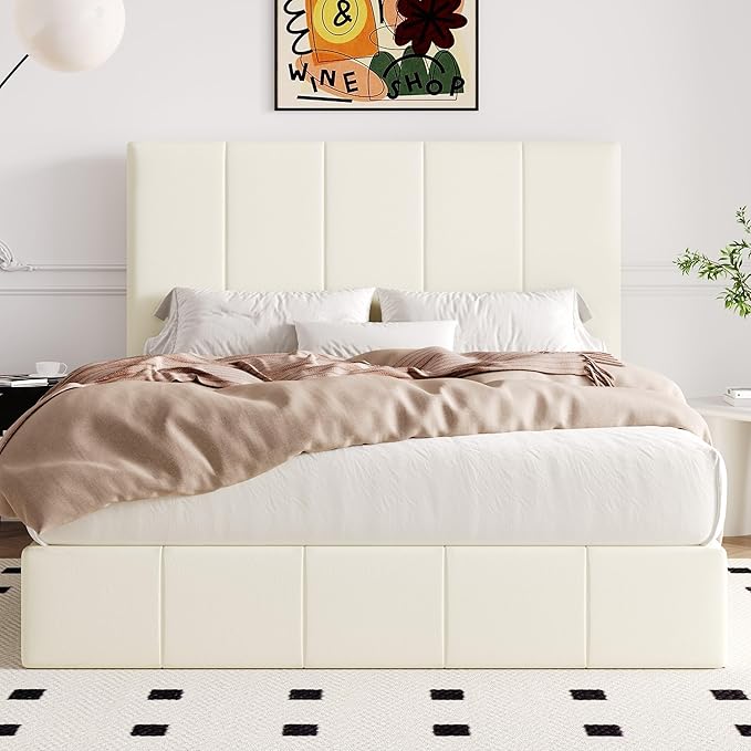 Allewie Queen Size Velvet Lift Up Hydrualic Storage Bed Frame, Cream | Vertical Channel Tufted Headboard, Hydrualic Underneath Storage, Upholstered Platform Bed, No Box Spring Needed