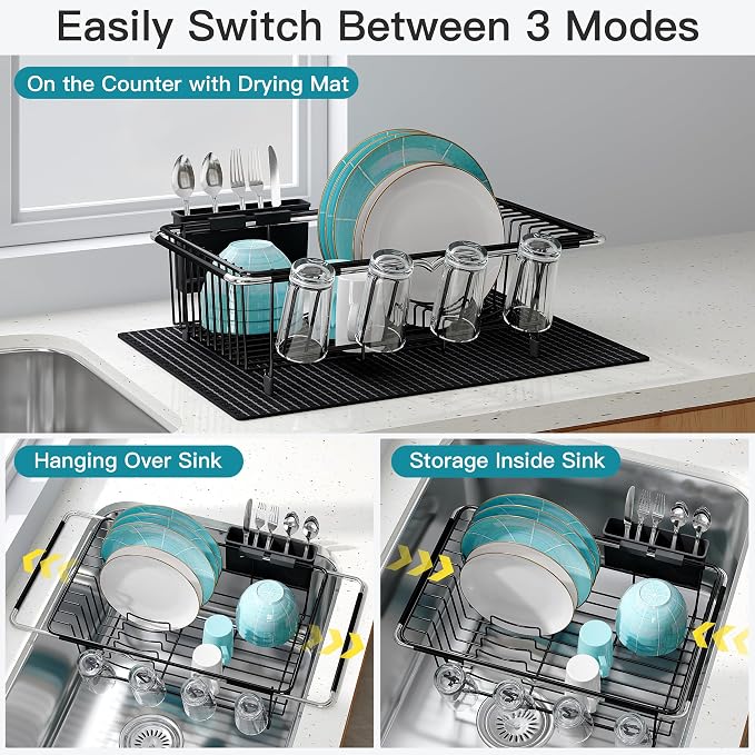 JASIWAY Black Dish Drying Rack in Sink with Mat, Cups and Utensil Holder | Use Over the Sink or Counter, Stainless Steel Expandable Dish Drainer for Small Kitchen, Space Saving, Fast Drain, Rustproof