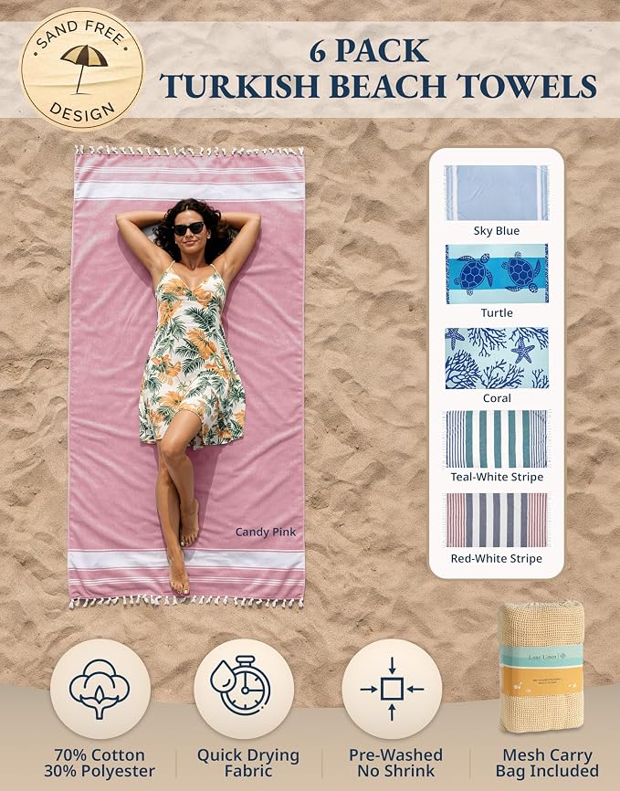 LANE LINEN 6 Pack Beach Towel Set, Oversized, 39"x71" - Coastal Bliss | Reinforced Hems, No Fraying - Fade & Shrink Resistant - Compact & Vacuum-Packed - 6 Pack Coastal Bliss - For Adults