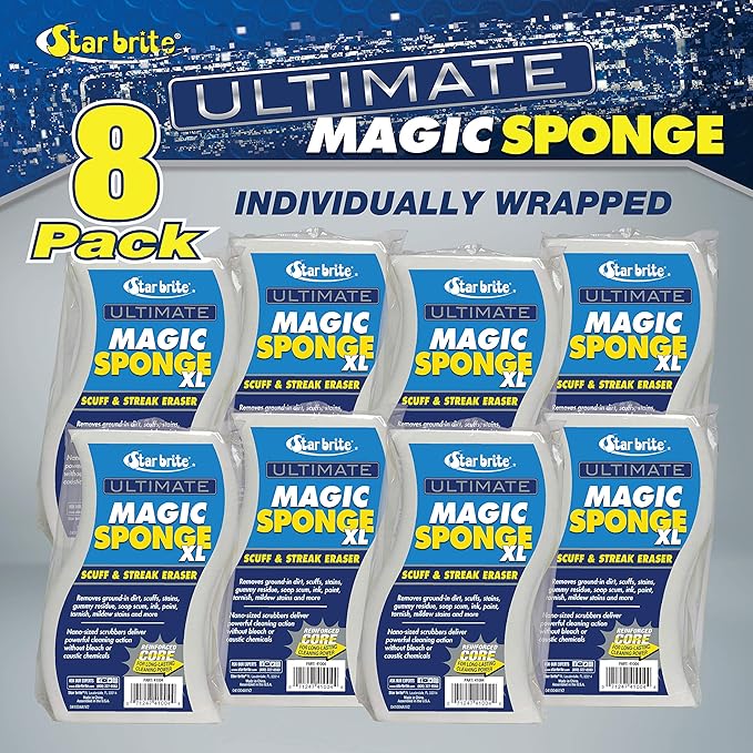 STAR BRITE XL Magic Sponge - 8 Pack - Extra Large, Long Lasting, Premium Melamine Boat Scuff Eraser - Multi-Purpose Scrubber - Bathroom, Kitchen, Floor, Bathtub, Toilet, Baseboard, Wall Cleaner