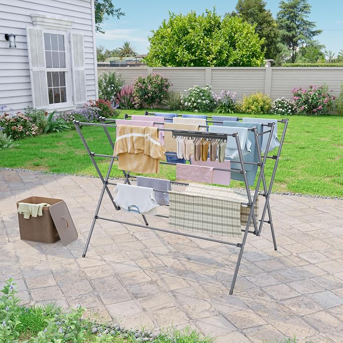 Drying Rack Clothing,35.43in Long Drying Poles Large Clothes Drying Rack | Foldable Portable Laundry Drying Rack with Sock Clips for Air Drying Clothing,Towels,Delicate Eac,Indoor Outdoor Use.Silver
