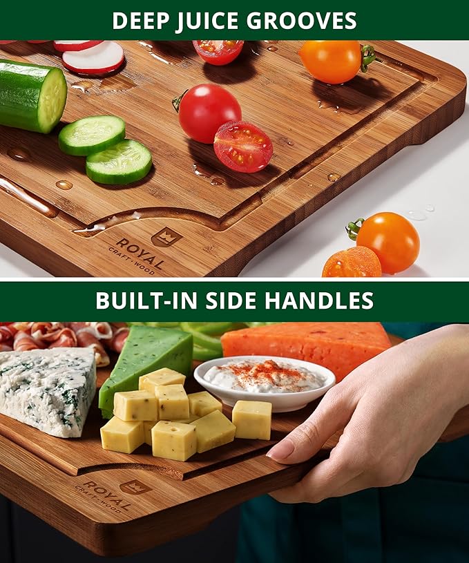 ROYAL CRAFT WOOD Wooden Cutting Boards for Kitchen Appliances - Non Toxic Bamboo Wood Cutting Board Set with Deep Juice Groove, Side Handles, Charcuterie & Butcher Block for Meat, Meal Prep & Serving