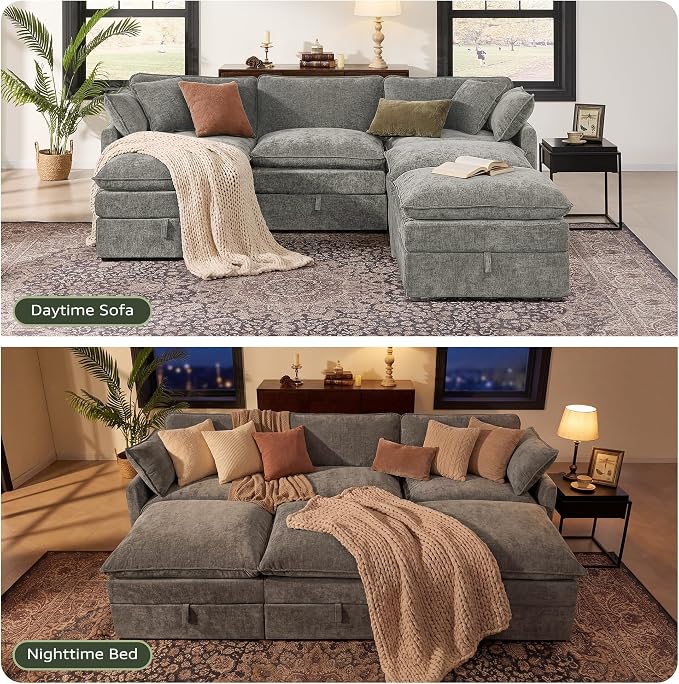 Ihanherry Oversized Sectional Sofa Bed with Storage, 103" 6-Seater Modular Cloud Couch with Movable Ottomans, Chenille Deep Seat Sleeper Couches for Living Room (Grey)