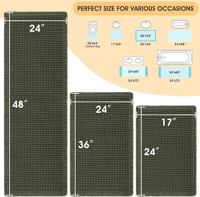 IM HOME Waffle Bath Mat Set Dark Green 3 Piece,Woven Modern Bath Rug Mats, Absorbent Non Slip Bath Floor Mat, Soft Washable Boho Bath Rugs with Tassels for Bathroom, Bedroom, Kitchen,Tub