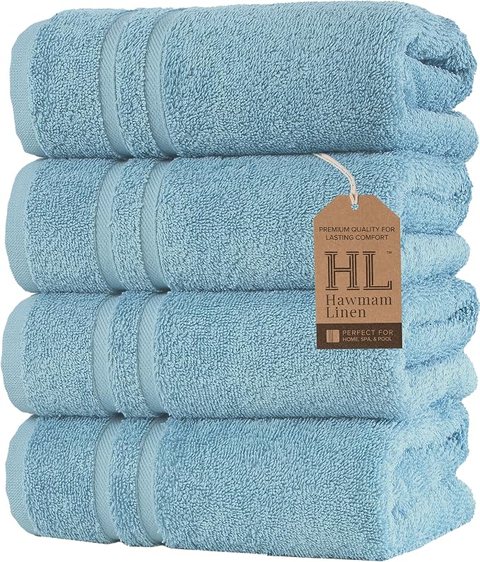 Hawmam Linen Light Blue Hand Towels 4 Pack Turkish Cotton Premium Quality Soft and Absorbent Small Towels for Bathroom