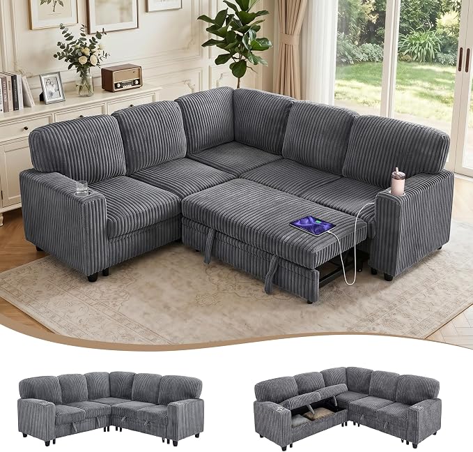L-Shaped Sectional Sleeper Sofa with Pull Out Bed, Dark Grey | Plush Corduroy Modular Couch with Storage, USB Charging, Cup Holders – Cozy Cloud Couches for Living Room, Easy Assembly