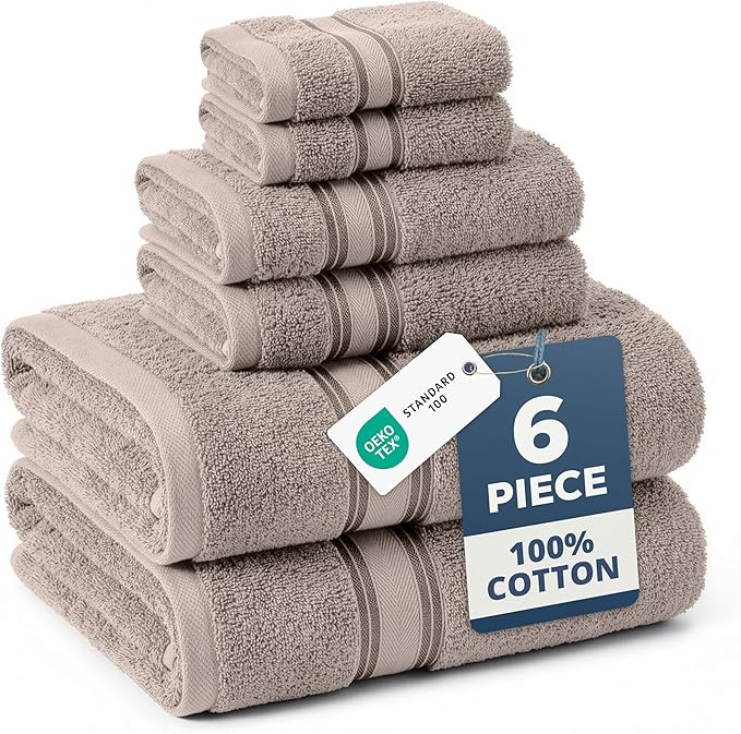 LANE LINEN Luxury Bath Towel Set - 6 Piece Set, 100% Cotton Bathroom Towel, Zero Twist, Shower Towel, Extra Absorbent, Super Soft, 2 Bath, 2 Hand, 2 Wash Cloths - Platinum