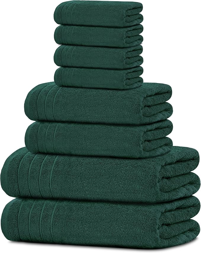 Tens Towels 8 Piece Towel Set, 2 XL Bath, 2 Hand, 4 Washcloth, Hunter Green | 100% Cotton, Lighter Weight, Quicker to Dry, Super Absorbent, Perfect for Bathroom
