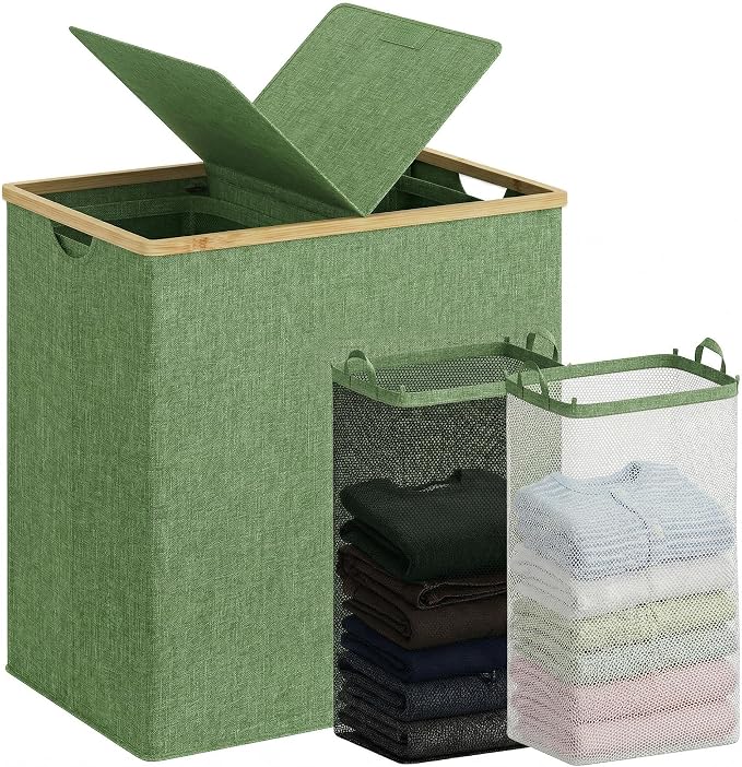 efluky Laundry Hamper with Lid, Double Laundry Basket with 2 Removable Bags, 2 Section Laundry Bin with Bamboo Handles for Bathroom, Bedroom & Laundry Room, 140L (36.9 Gallon) Sage Green