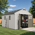 Devoko 10x12 FT Resin Outdoor Storage Shed with Floor, Beige | Large Plastic Garden Shed with Windows & Lockable Door, Multipurpose Tool Storage Shed for Patio Backyard Lawn