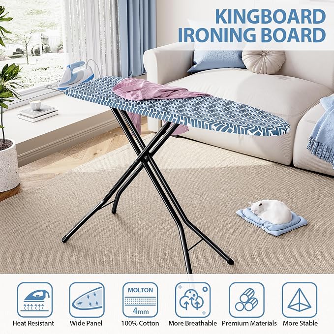 KINGBOARD Foldable Ironing Board Full Size, Iron and Ironing Board Set Standard Size, Iron Boards with Ironrest & Adjustable Height,Heavy Duty Iron Table Stand with Metal Legs &Thick Cover,43x13 Blue