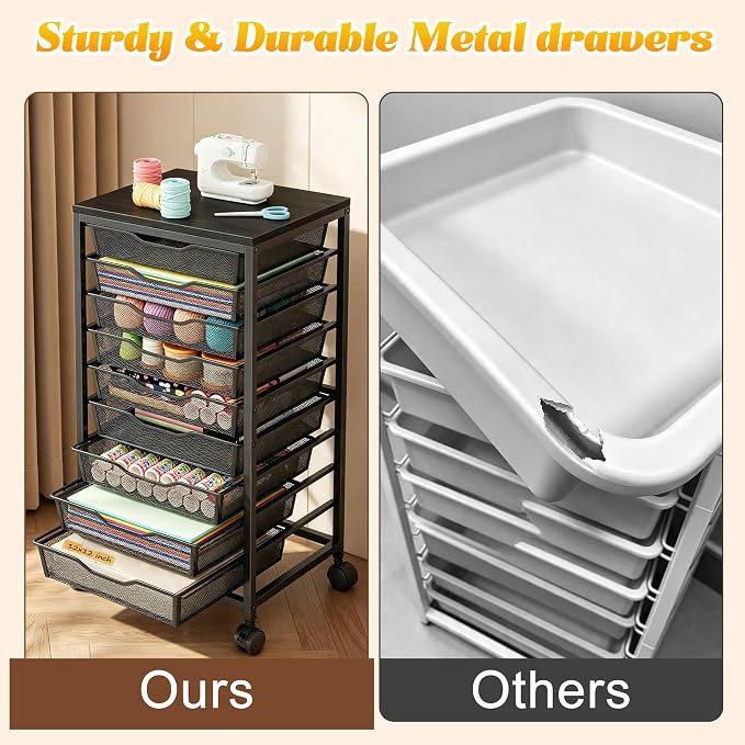 10-Drawer Rolling Storage Cart, Craft Organizers and Storage, Black | 12x12 Inch Storage Drawers for Scrapbook Paper,Classroom,Craft,Bathroom,Teacher,Office,Art,Metal Organizer Cart with wheels