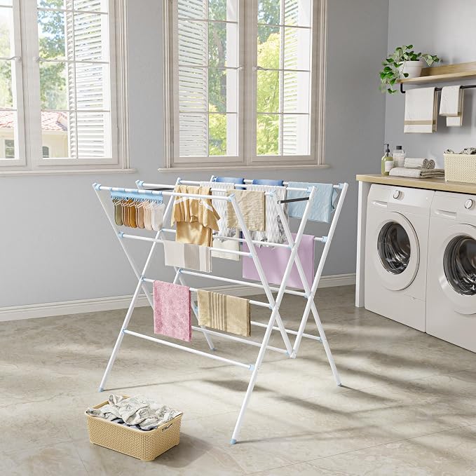 HOMIDEC Drying Rack Clothing,Large 12 Drying Poles with Sock Clips Clothes Drying Rack,Foldable Portable Laundry Drying Rack for Air Drying Clothing,Towels,Delicate Eac,Indoor Outdoor Use.White&Blue
