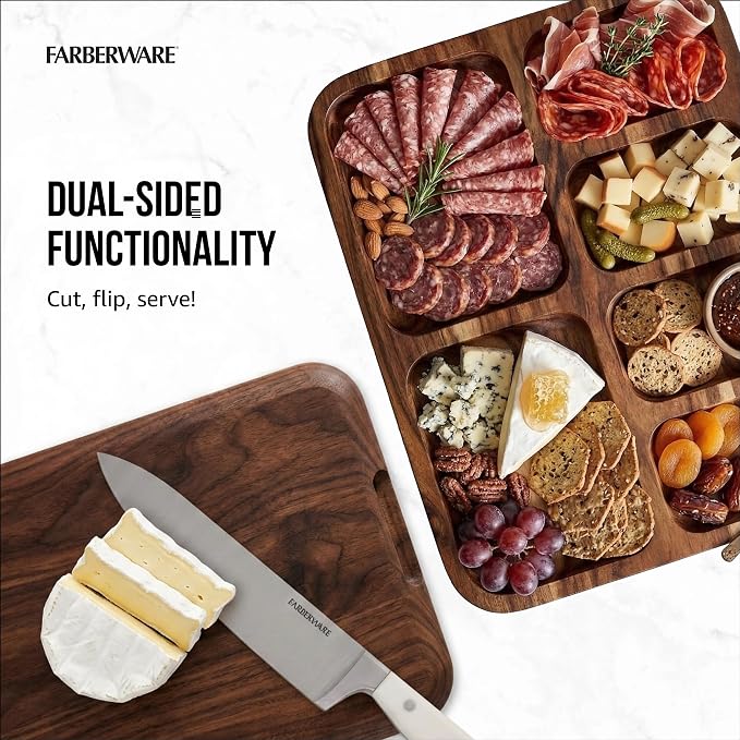 Farberware Build-A-Board Acacia Cutting Board with Compartments and Clear Locking Lid, White Handles, 11x14 Inches - Charcuterie Board, Snack Tray, Food Prep and Portable Entertaining Platter