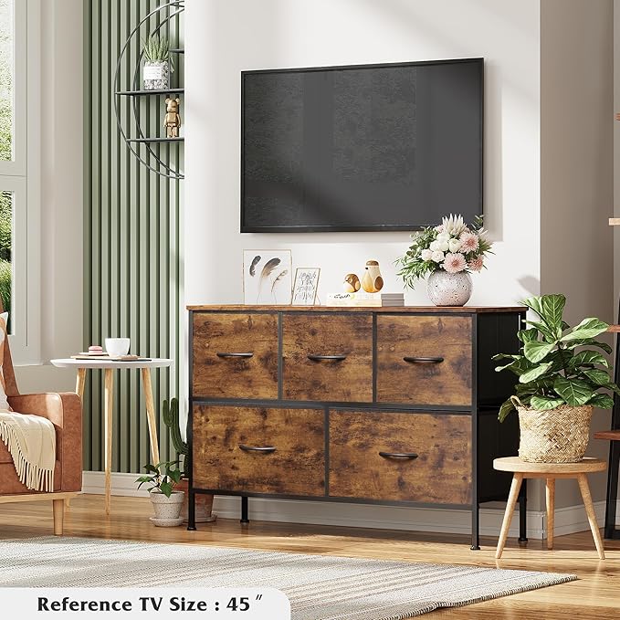 WLIVE 5 Drawer Dresser for Bedroom, Wide Chest of Drawers, Rustic Brown | 5 roomy fabric drawers, Wide low-profile design, Bedroom or closet use, Sturdy steel frame, Smooth wood tabletop