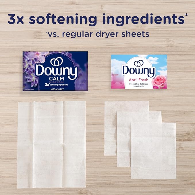 Downy Calm Mega Dryer Sheets, Large Fabric Softener Sheets for Laundry , Static Guard & Softness Boost, Laundry Dryer and Fabric Sheets, 180 Count