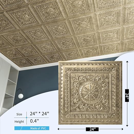 Art3d Drop Ceiling Tiles, Glue up Ceiling Tiles, 2'x2' Plastic Sheet in Antique Gold (12-Pack, 48 Sq.ft)