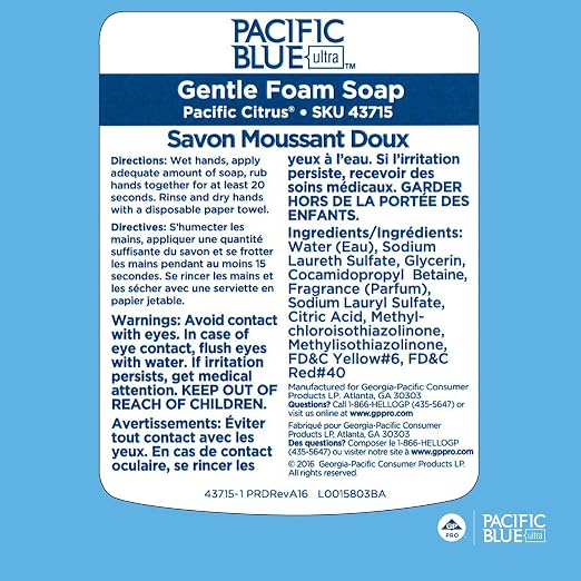 Georgia-Pacific Pacific Blue Ultra Manual Gentle Foam Hand Soap Refills by GP PRO, Pacific Citrus,43715,1200 mL Per Bottle,4 Bottles Per Case