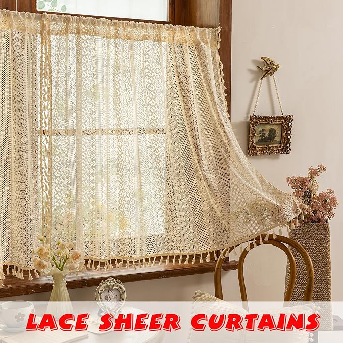 Sutuo Home Beige Boho Short Curtains for Kitchen Window Curtains Over Sink,Sheer Lace Crochet Bohemian Valance Privacy Vintage Chic Tassels Rustic Small Window Decor Rod Pocket,2 Panels 50" W x 18" L