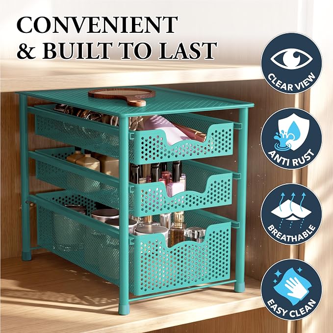 Simple Houseware Stackable 3 Tier Sliding Basket Organizer Drawer, Turquoise