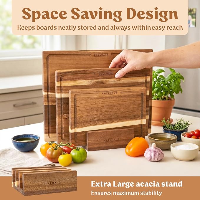 Acacia Wood Cutting Boards for Kitchen Set of 3 with Juice Groove | Non toxic FSC certified wooden chopping boards, knife-friendly, large kitchen boards for meat, cheese, charcuterie & serving