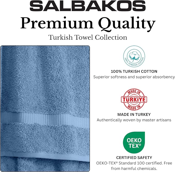 SALBAKOS 6-Piece 100% Turkish Cotton Hand Towels, 16x30 inch, Blue | Large Size Thick Super Soft Highly Absorbent, Versatile Hair Face & Hand Drying Towel, Premium Hotel Quality Made in Turkey