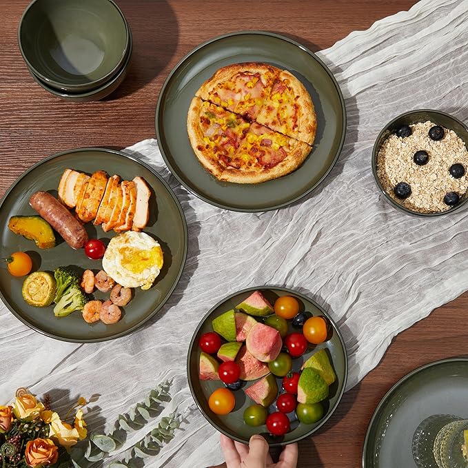 Pokini Santorini Mist Terracotta Reactive Glaze Plates and Bowls Sets, Stoneware Dinnerware Sets, Microwave and Dishwasher Safe Ceramic Dish Set Service for 4, Blackish Green