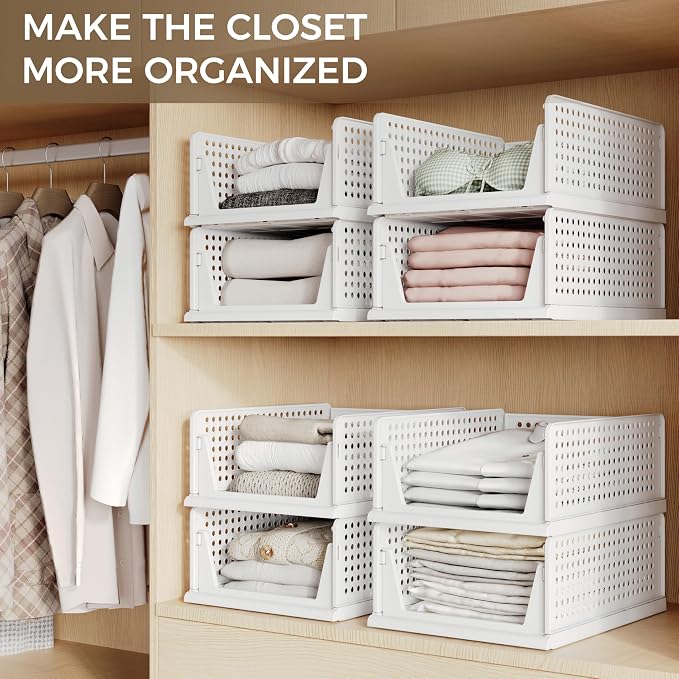 Pinkpum 6 Pack Closet Organizers Storage Bins, Stackable Plastic Drawer Basket for Clothing, Stackable Storage Bins Shelf Storage Container for Closet Wardrobe Bedroom Bathroom Office White