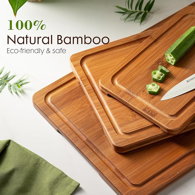 Astercook Deep-Carbonized Bamboo Cutting Boards for Kitchen with Wood Storage Stand, Reversible Charcuterie & Chopping Boards with Juice Grooves and Easy-Grip Handles, Fathers Day Gift for Men
