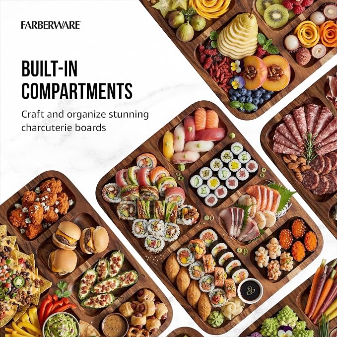 Farberware Build-A-Board Acacia Cutting Board with Compartments and Clear Locking Lid, White Handles, 11x14 Inches - Charcuterie Board, Snack Tray, Food Prep and Portable Entertaining Platter