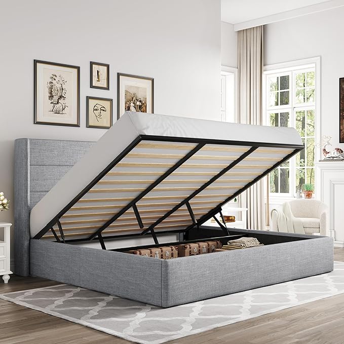 Allewie King Size Lift Up Hydraulic Storage Bed Frame Light Grey | Modern Wingback Headboard, Hydraulic Support Storage, No Box Spring Needed