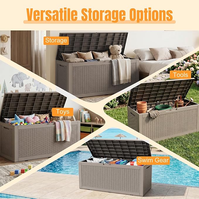 Outdoor Storage Box, 170 Gallon Waterproof Resin Deck Box with Support Rod | UV Resistant Lockable Package Delivery Bin, Shoe, Patio & Garden Tools Storage, Toy Cabinet, Ottoman, Indoor/Outdoor