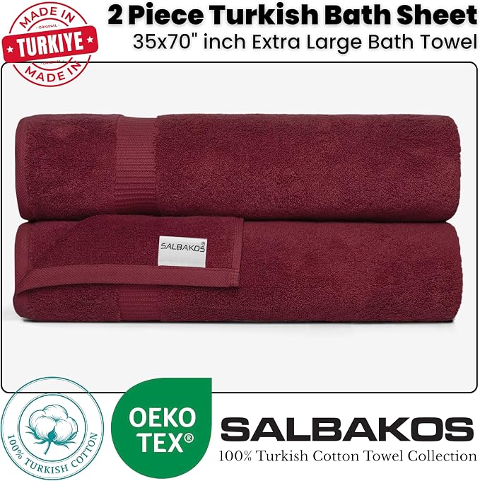 SALBAKOS 2-Piece 100% Turkish Cotton Bath Towels, Extra-Large 35x70, Wine | Oversized Bath Sheet Towel for Bathroom & Beach, Thick, Super Soft, Highly Absorbent, Premium Hotel Quality, Made in Turkey